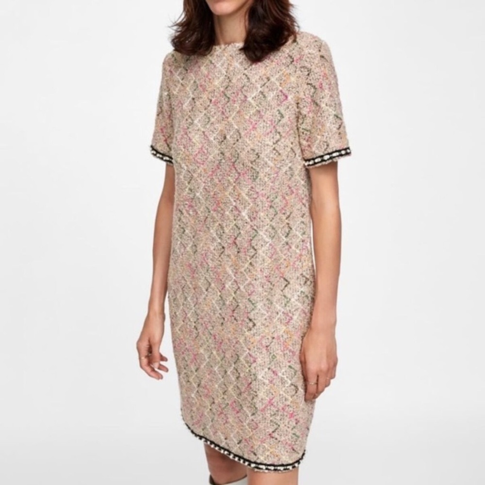 Zara Faux Pearl Mini Short Sleeve Dress with Metallic Thread